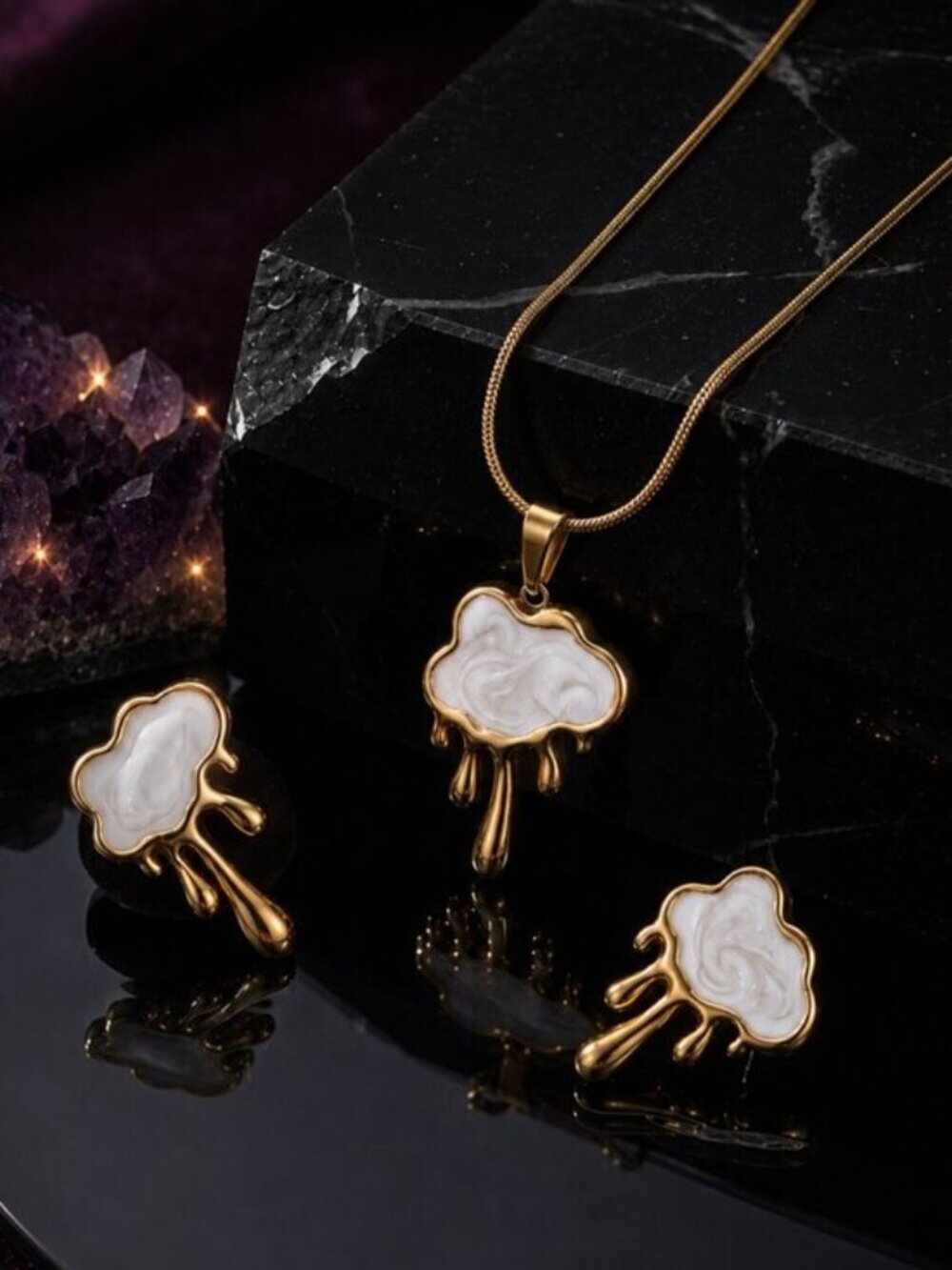 Melting Cloud Necklace and Earring Set White Enamel Gold Plated Surreal 15.75"